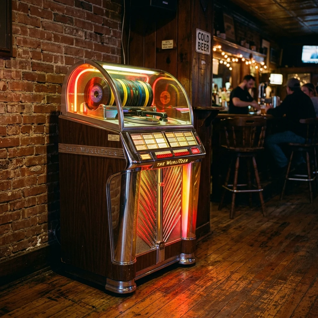 A vintage jukebox in the corner of a dimly lit tavern