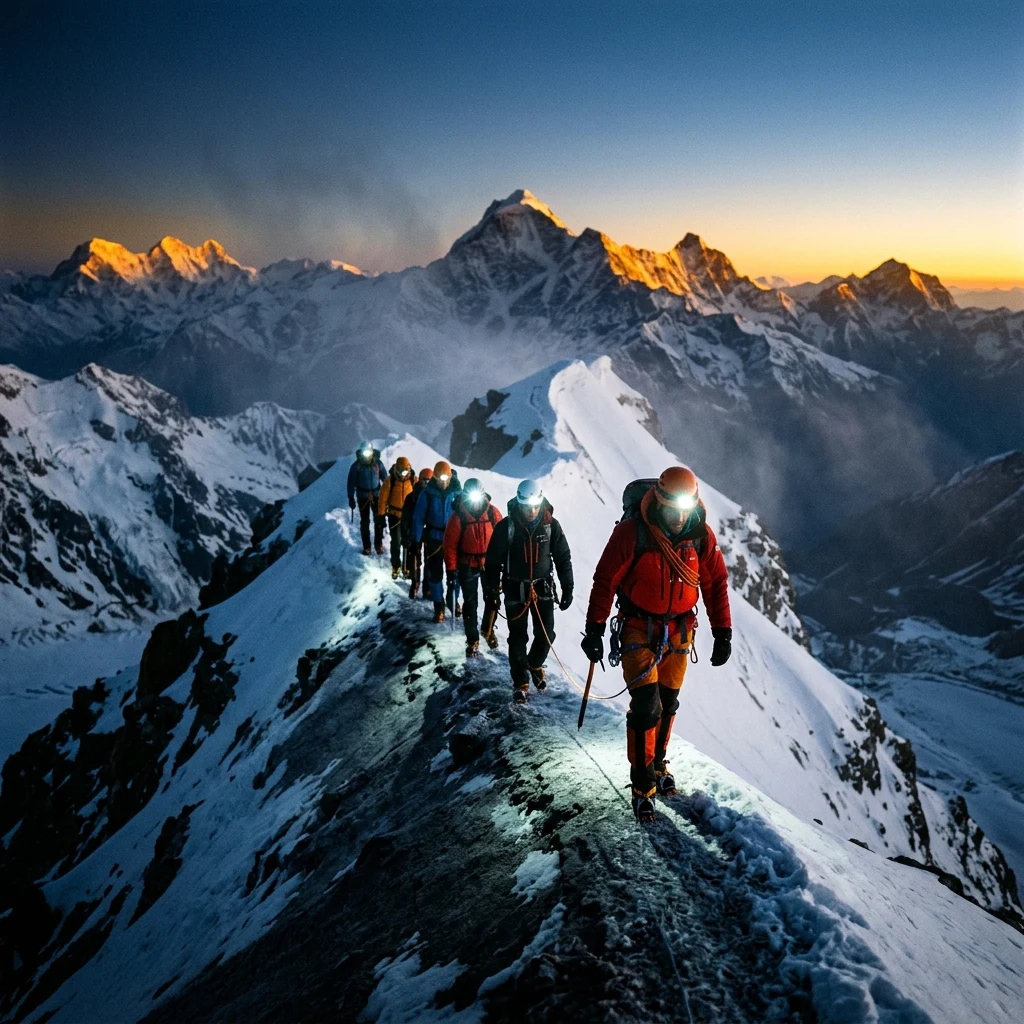 A team of mountaineers ascending the icy slopes of Mount Kazbek at dawn