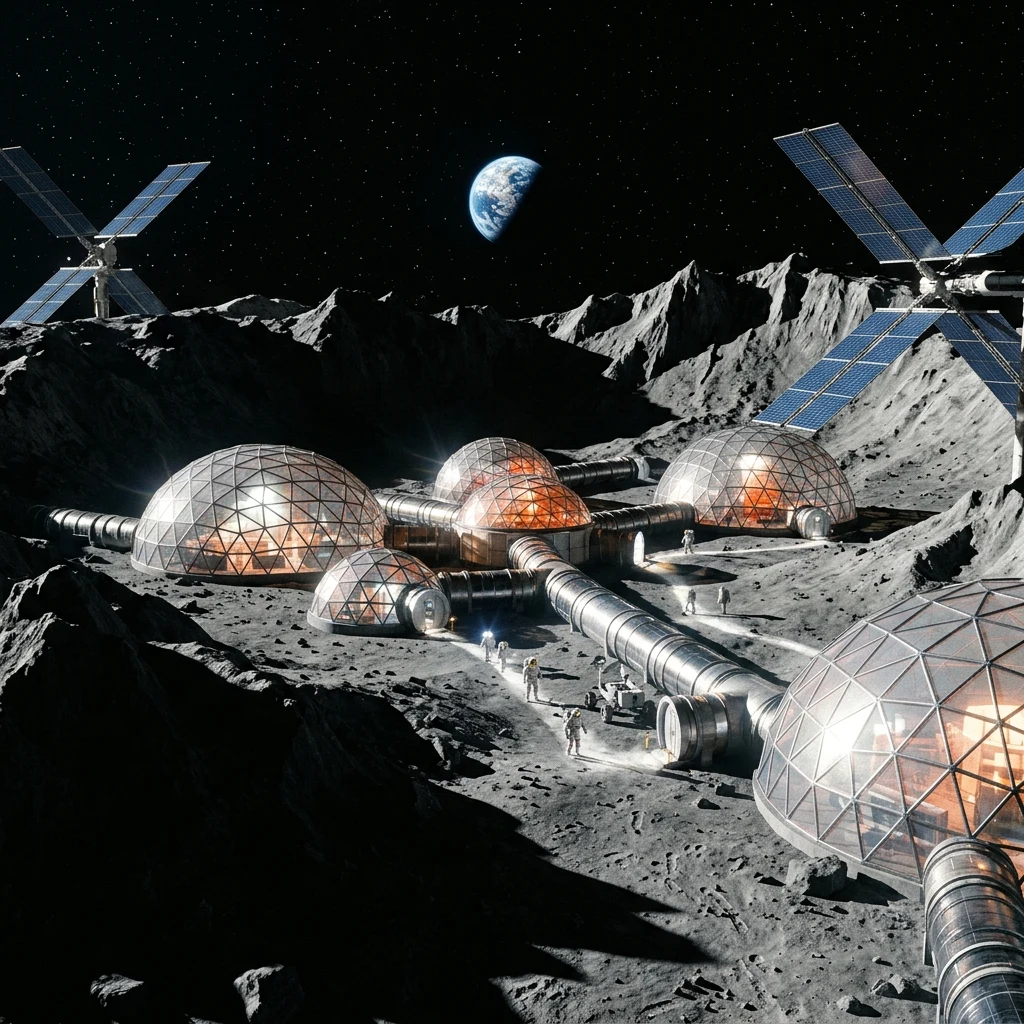 A futuristic lunar base nestled in a dark valley inside the outer ring of Montes Rook