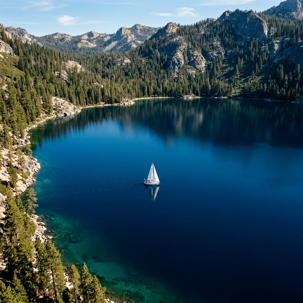 An overhead drone photograph of a sailboat gliding across the clear cobalt water of Lake…