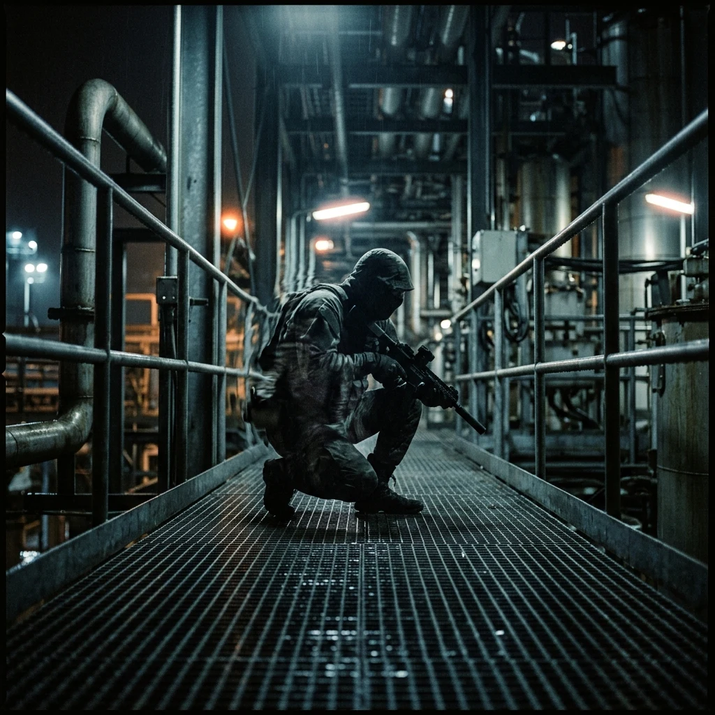 Stealth scout on a wet industrial catwalk