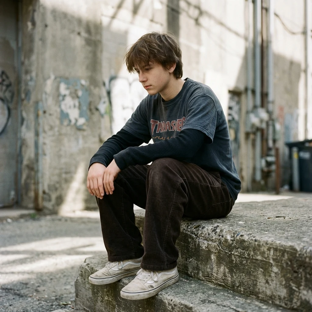 A teenage boy in a thermal long-sleeve layered under a vintage skate-brand tee