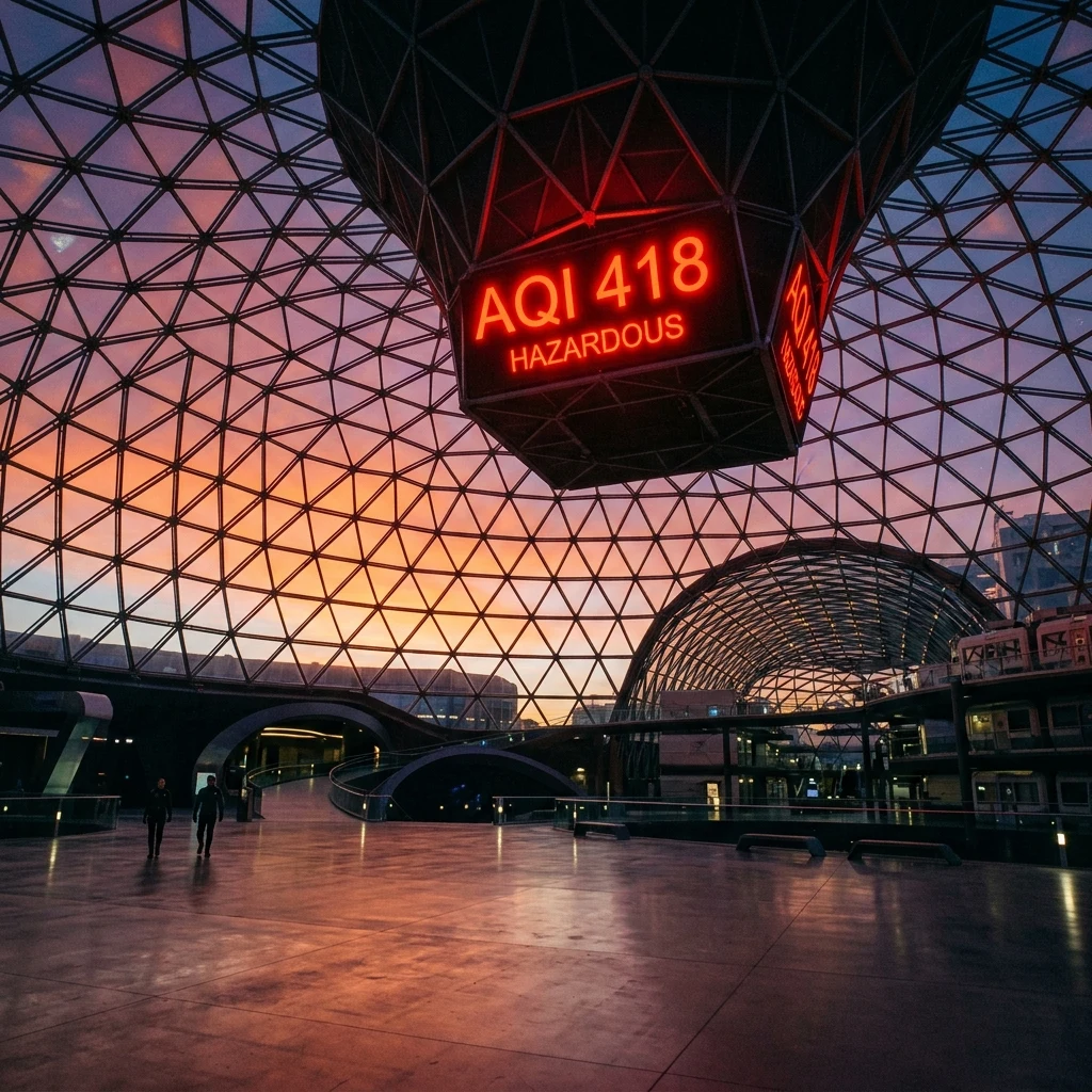 Futuristic dome habitat at an artificial sunset