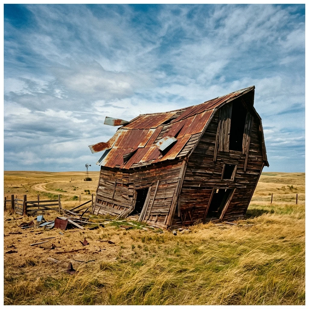 A sun-rotted wooden barn with a swayback roofline sagging toward the earth