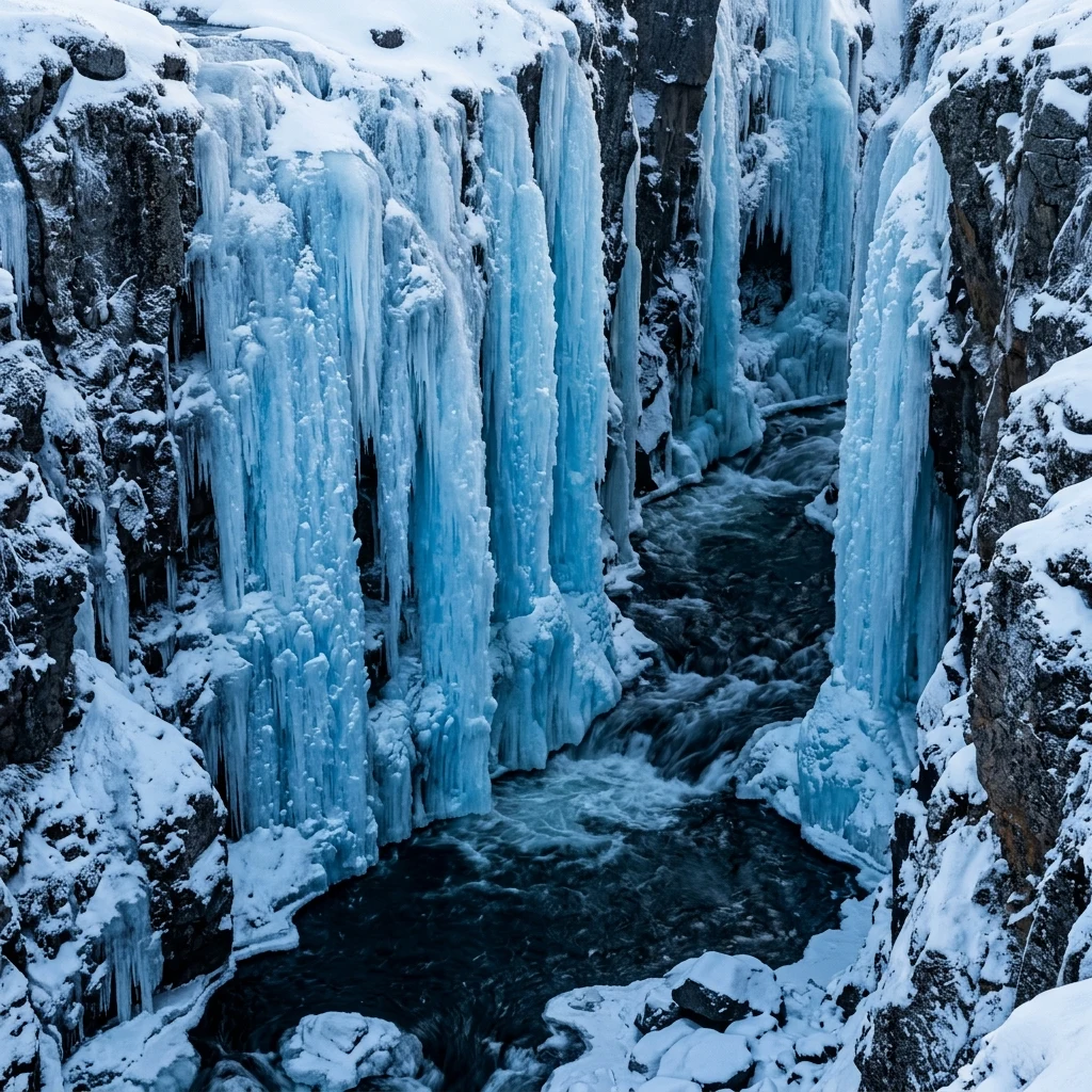 A frozen waterfall photographed on 4x5