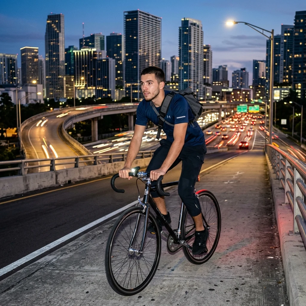 Cyclist riding on a city overpass at twilight