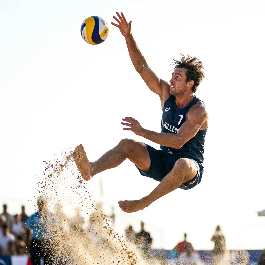 A beach volleyball rally frozen at 1/2000th on a long lens