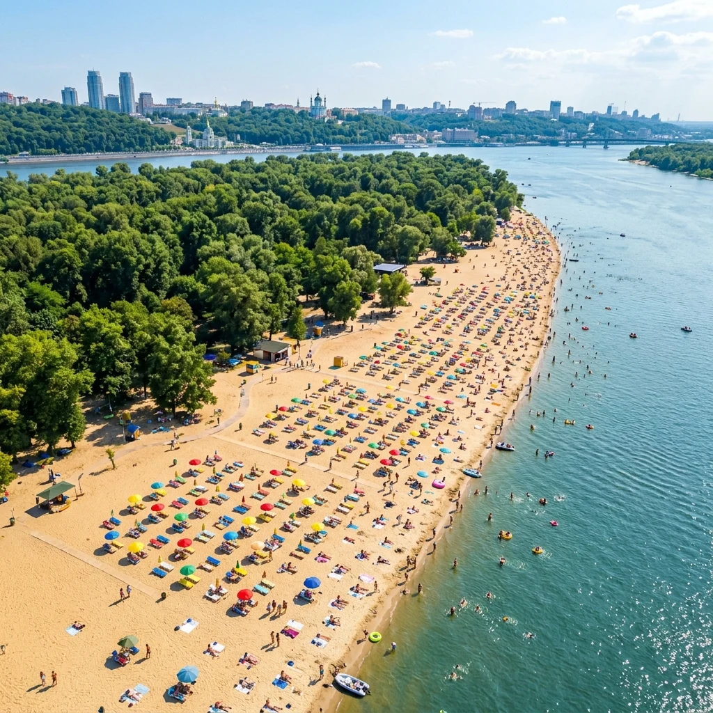 An aerial drone photograph of Trukhaniv Island beach in Kyiv