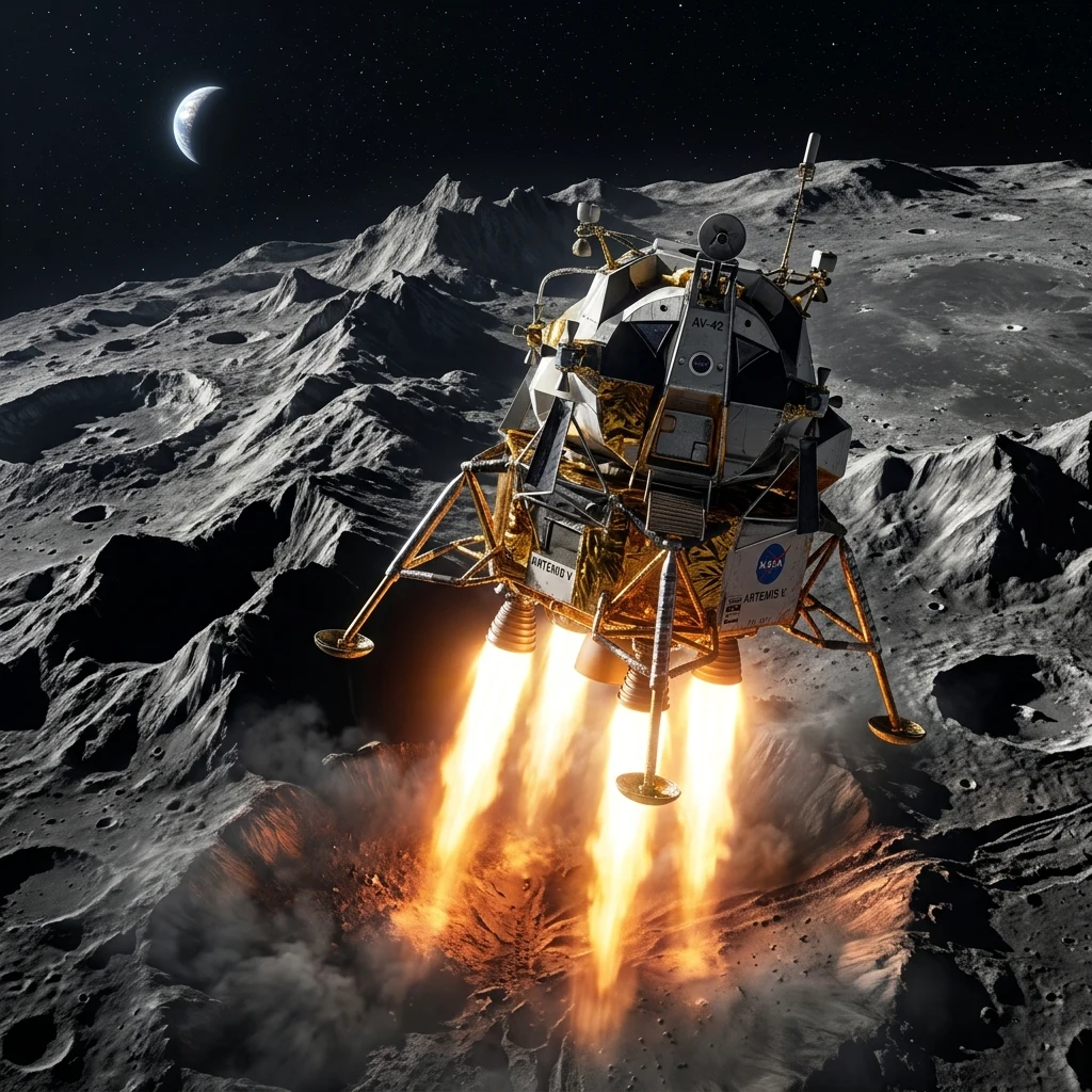 An orbital render of a lunar lander descending over the razor-sharp crags of Montes…