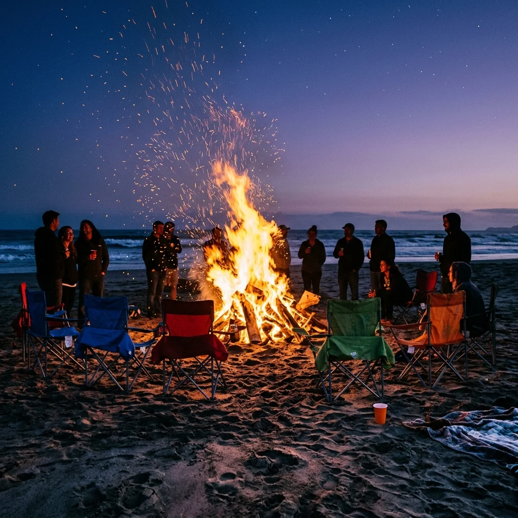 A beach bonfire at last light shot on 35mm with fill flash