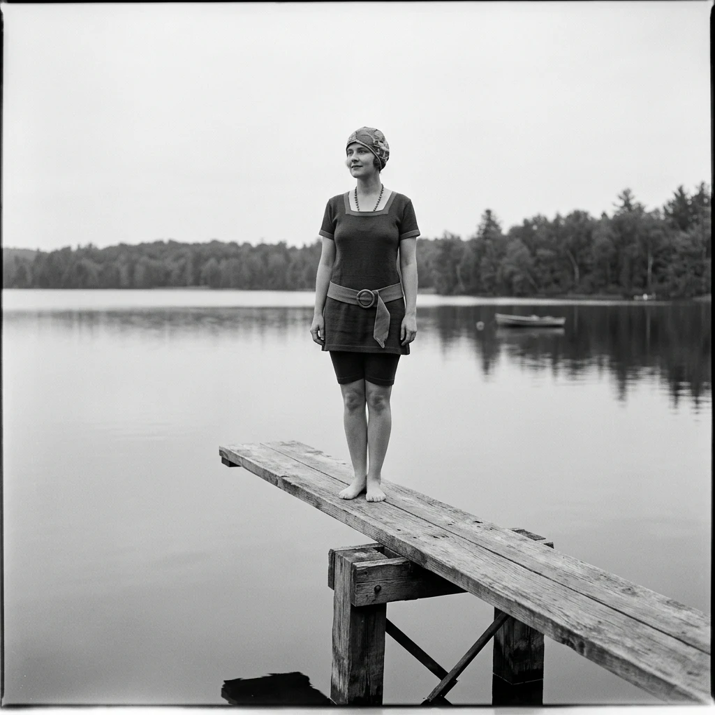 A 1920s flapper-style wool jersey swim suit with a belt at the hips
