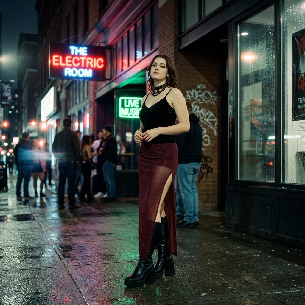 Nighttime fashion outside a city music venue