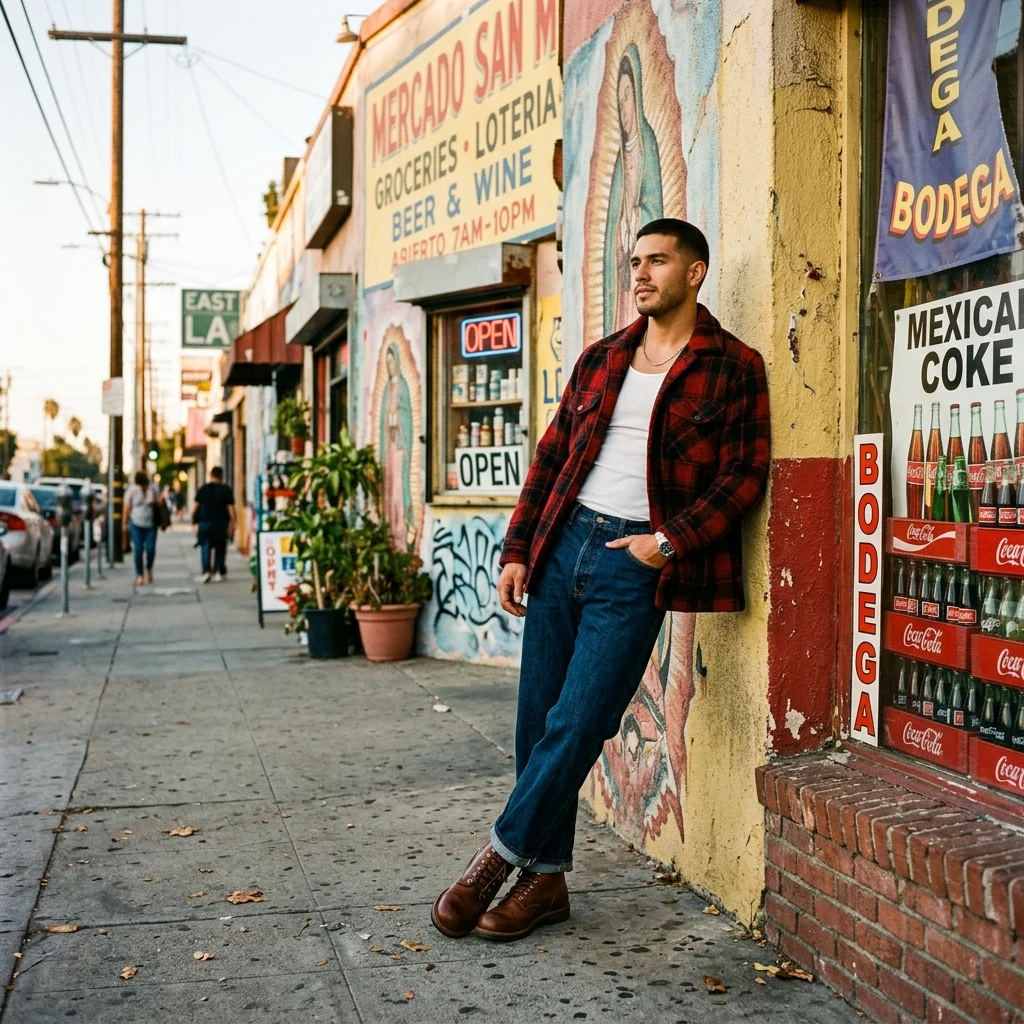 Streetwear lookbook on a city corner