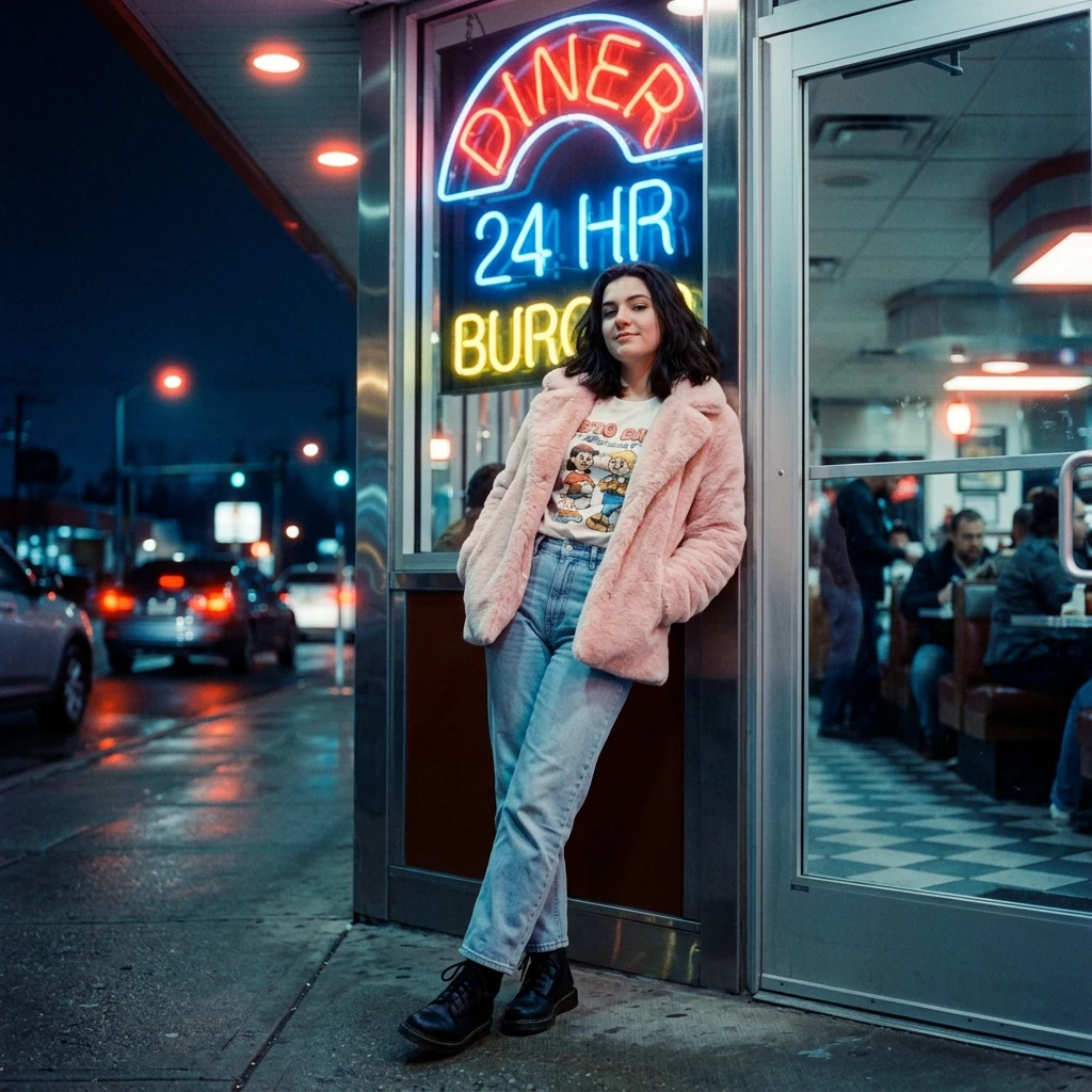 Person leaning against a glowing neon diner sign