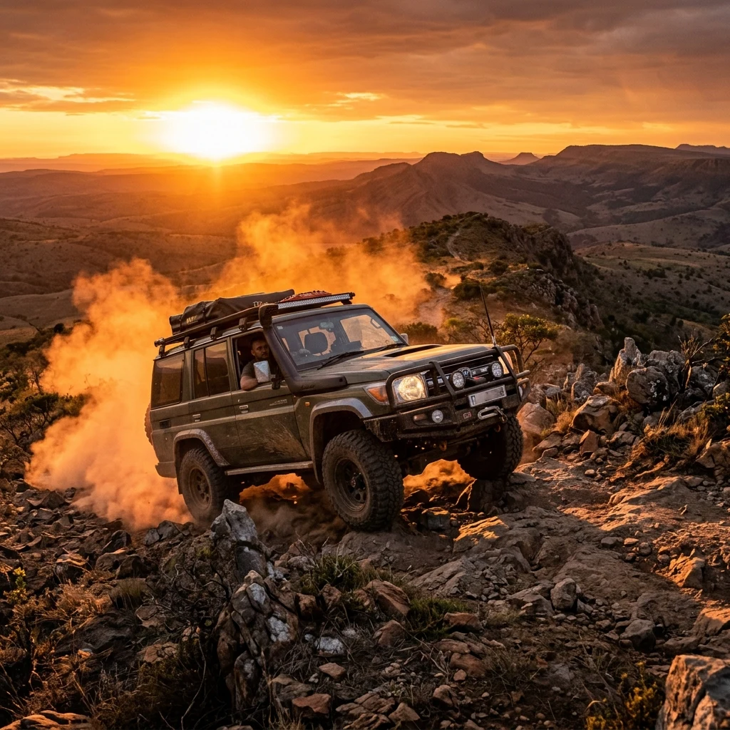 A four-wheel-drive vehicle negotiating a rocky 4x4 trail along the Lebombo crest