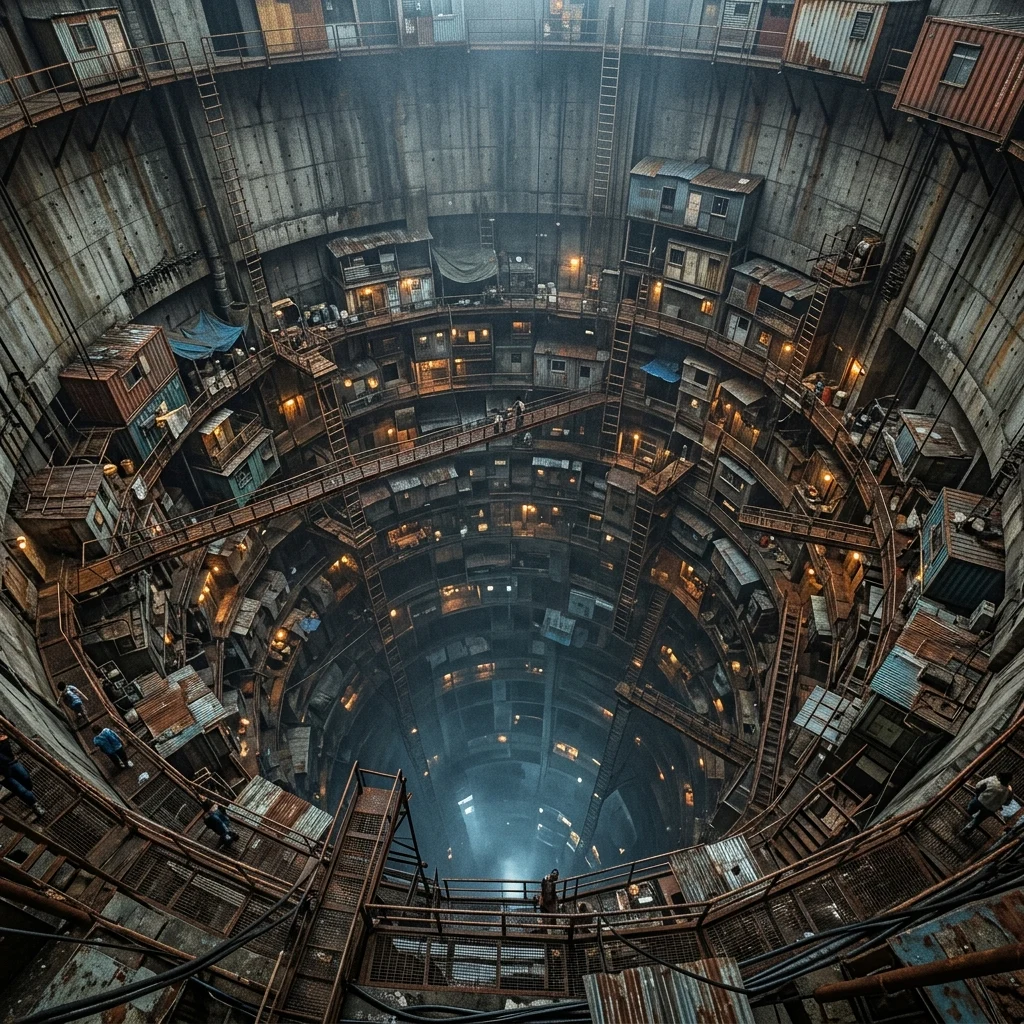 A cavernous underground missile silo converted into a multi-tiered vertical city