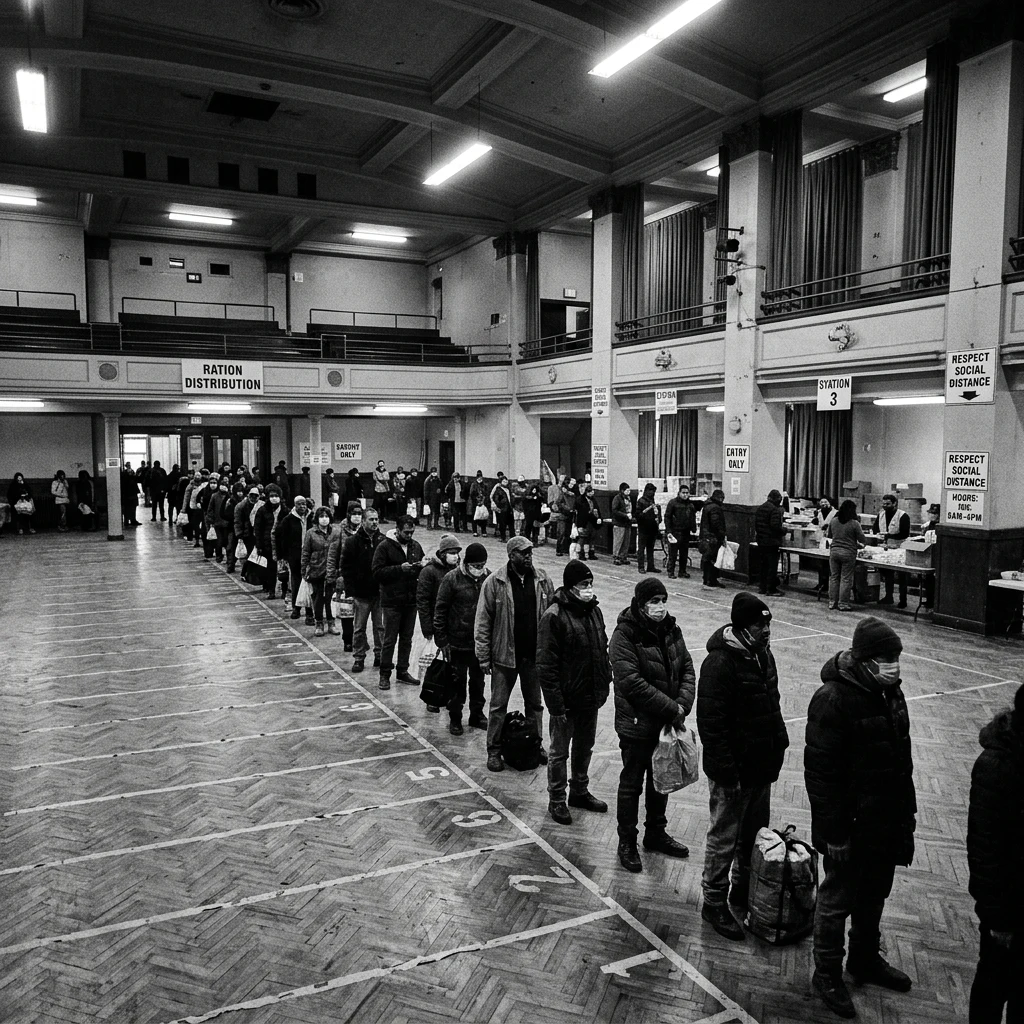 A ration distribution hall in a repurposed civic auditorium
