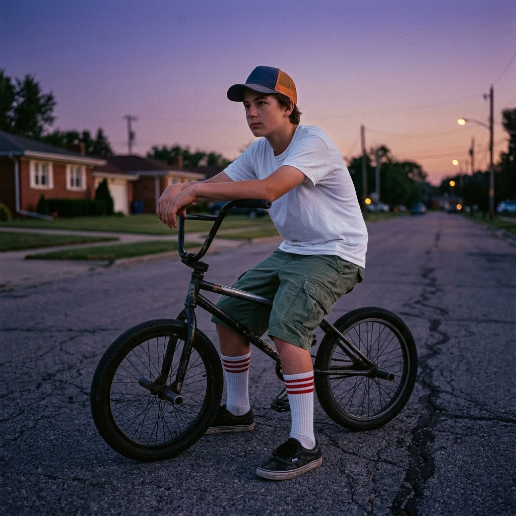 Young person with a bike at dusk