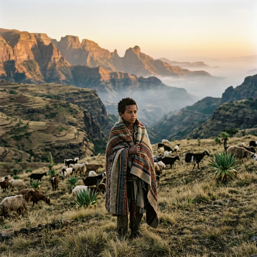 Shepherd in a blanket at sunrise