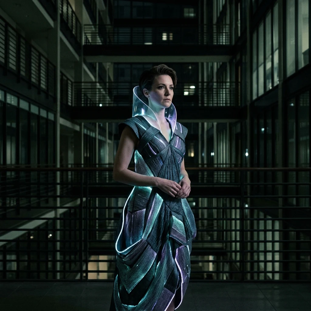An avant-garde sci-fi diplomat gown made of glowing fiber-optic woven fabric and…