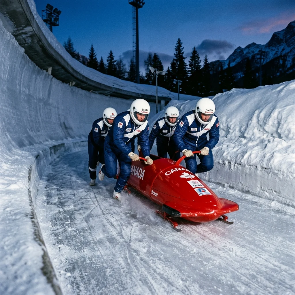 Athletes racing a bobsled down an ice track