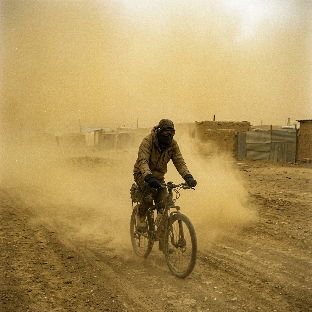Cyclist riding through a dusty desert wind
