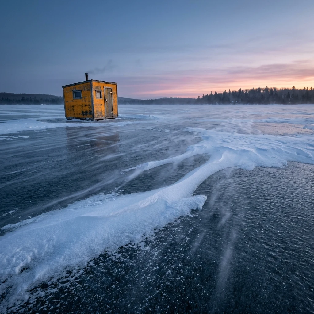 An ice fishing shanty on a frozen lake at dawn