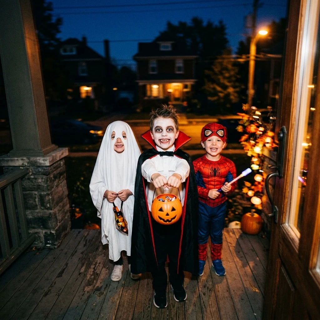 Children in costumes on a porch at night