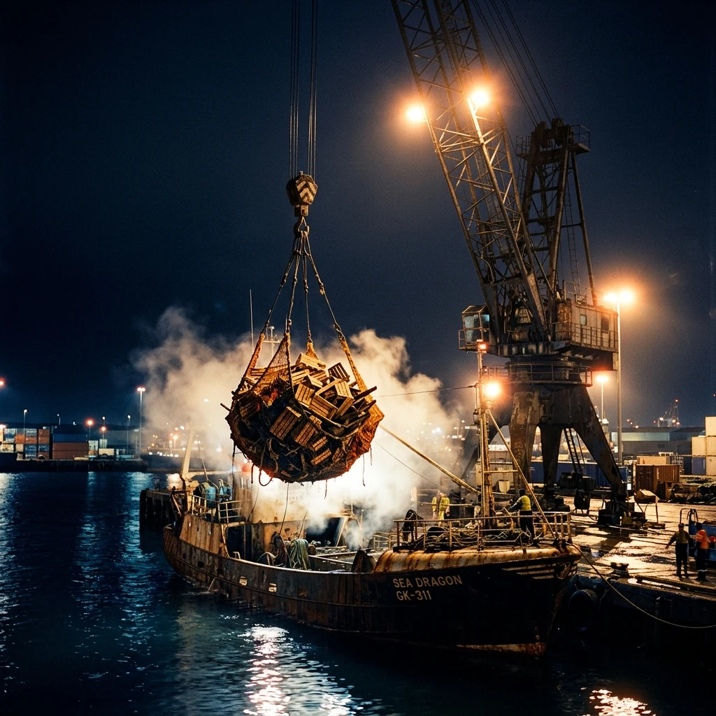 A rusty harbor crane unloading wooden fish crates from a trawler at midnight