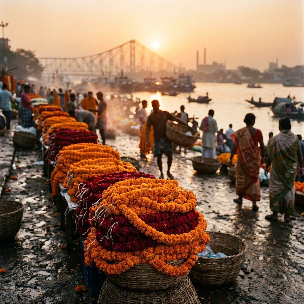 A colorful flower market in Kolkata along the riverbank at dawn