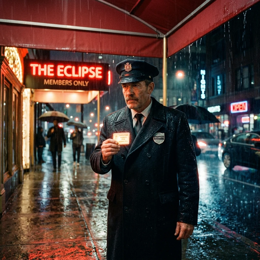 A doorman under a red awning checking IDs in the rain