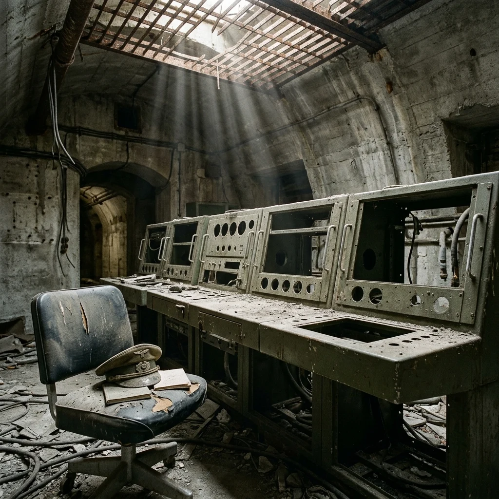 Dusty control room in a quiet bunker