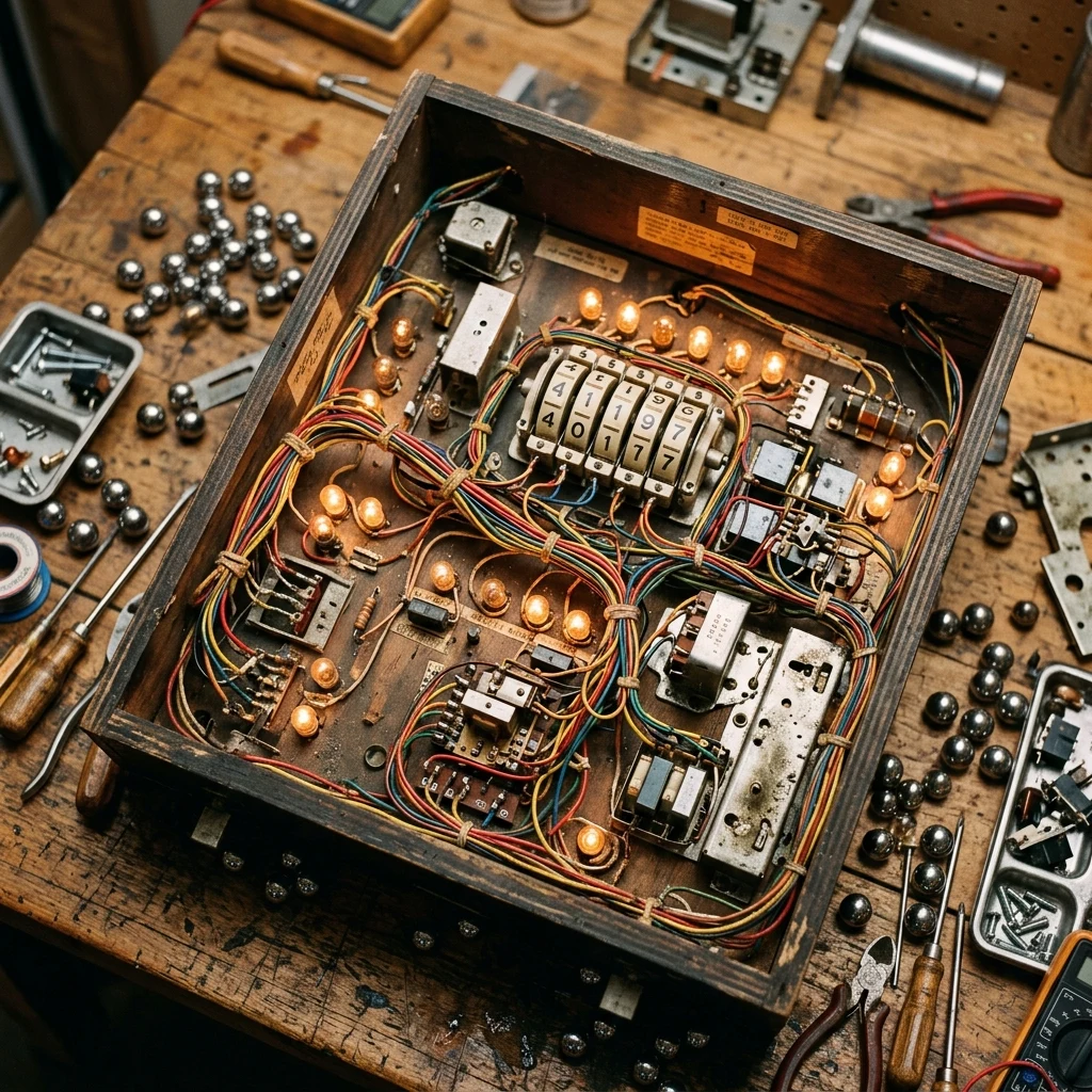 A vintage pinball repair workshop bench