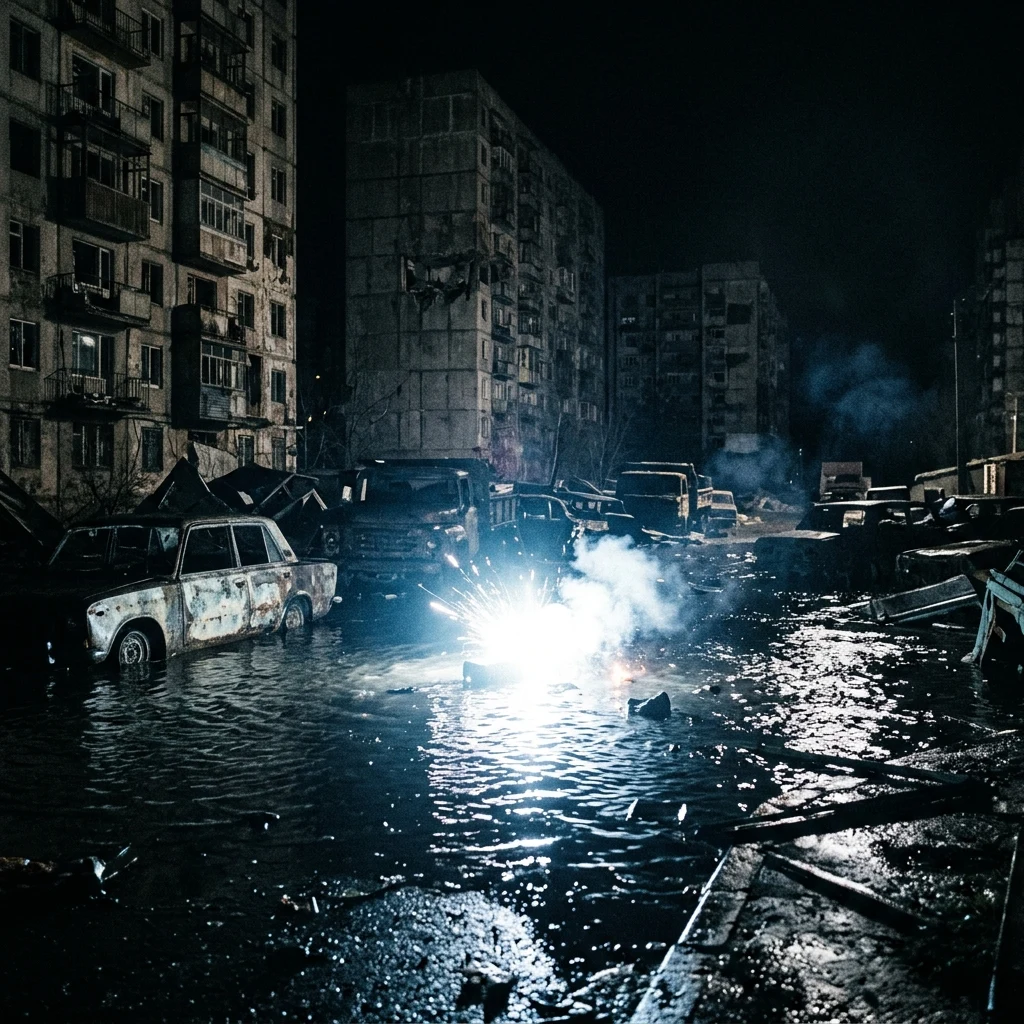 A brilliant white magnesium flare thrown onto a dark flooded street