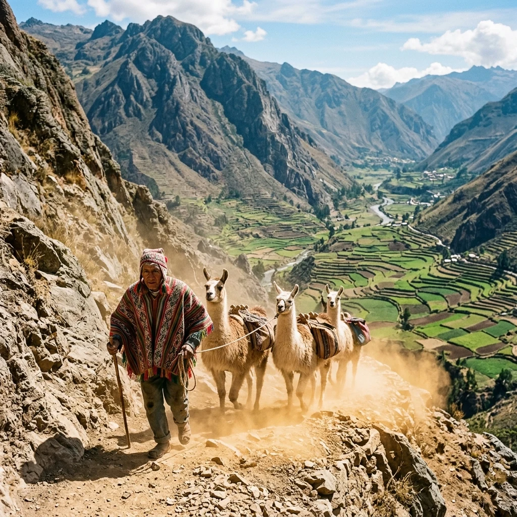 Farmer with llamas on a mountain trail