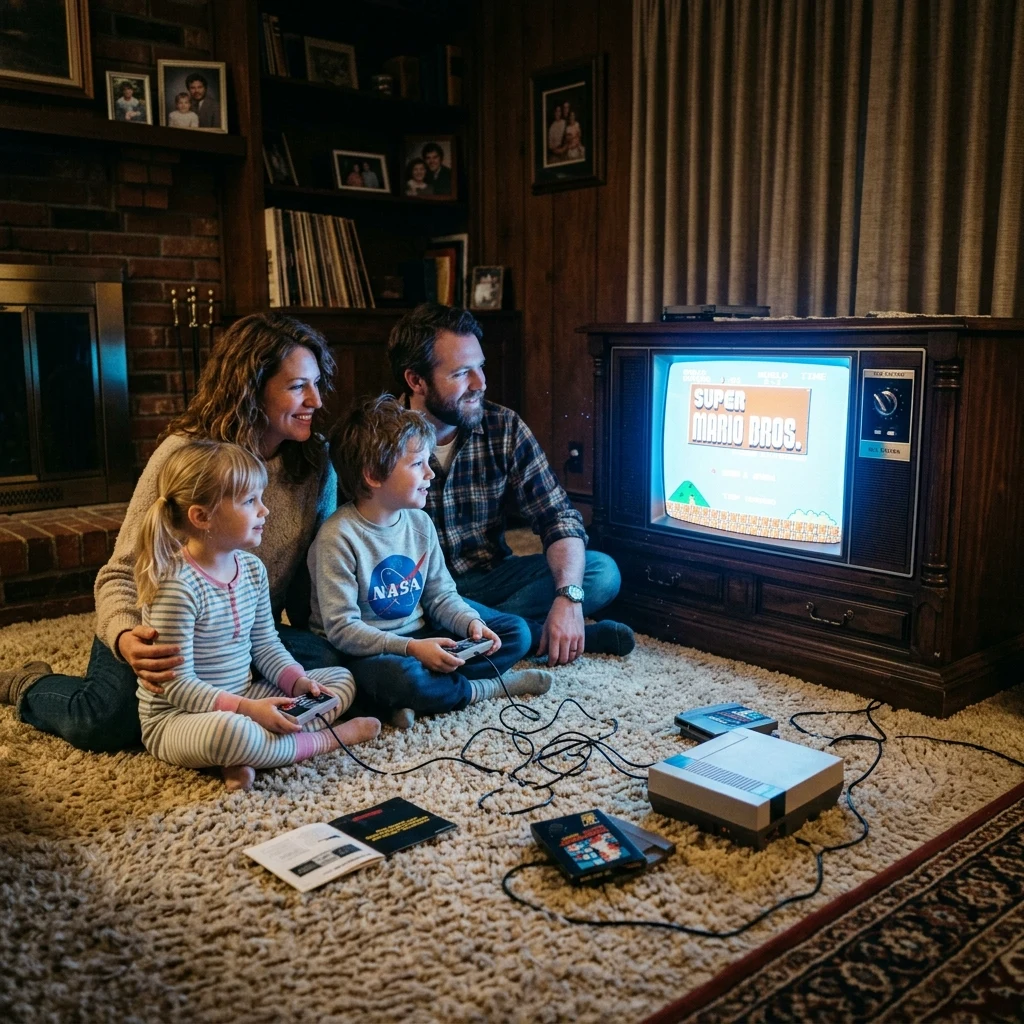 A family sitting on a shag rug in front of a heavy wooden console TV