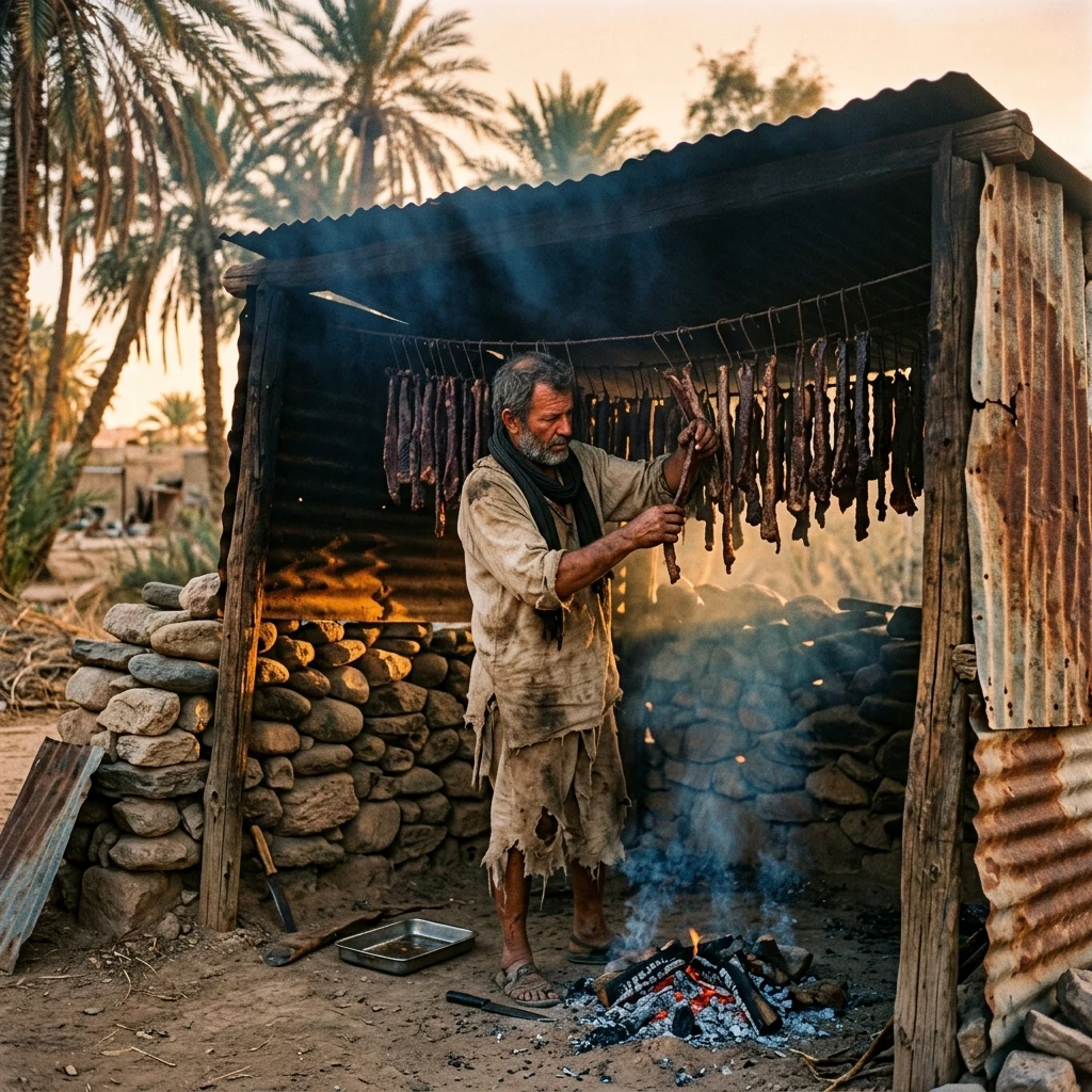 A makeshift smokehouse built from stacked fieldstones and scrap sheet metal at an oasis…
