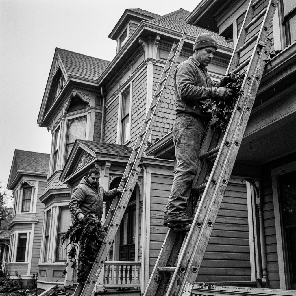 A gutter-cleaning crew on ladders against a Victorian house