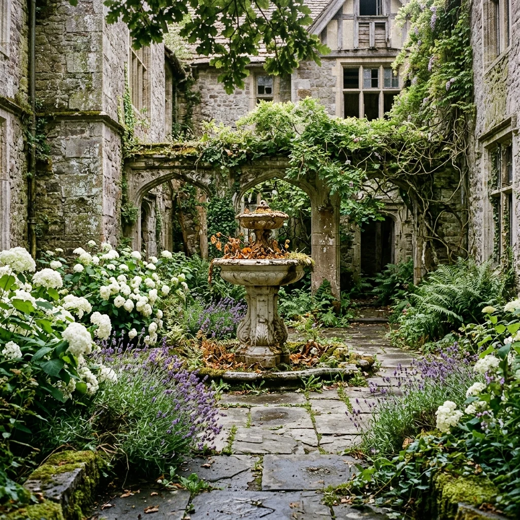 Overgrown courtyard of an abandoned manor