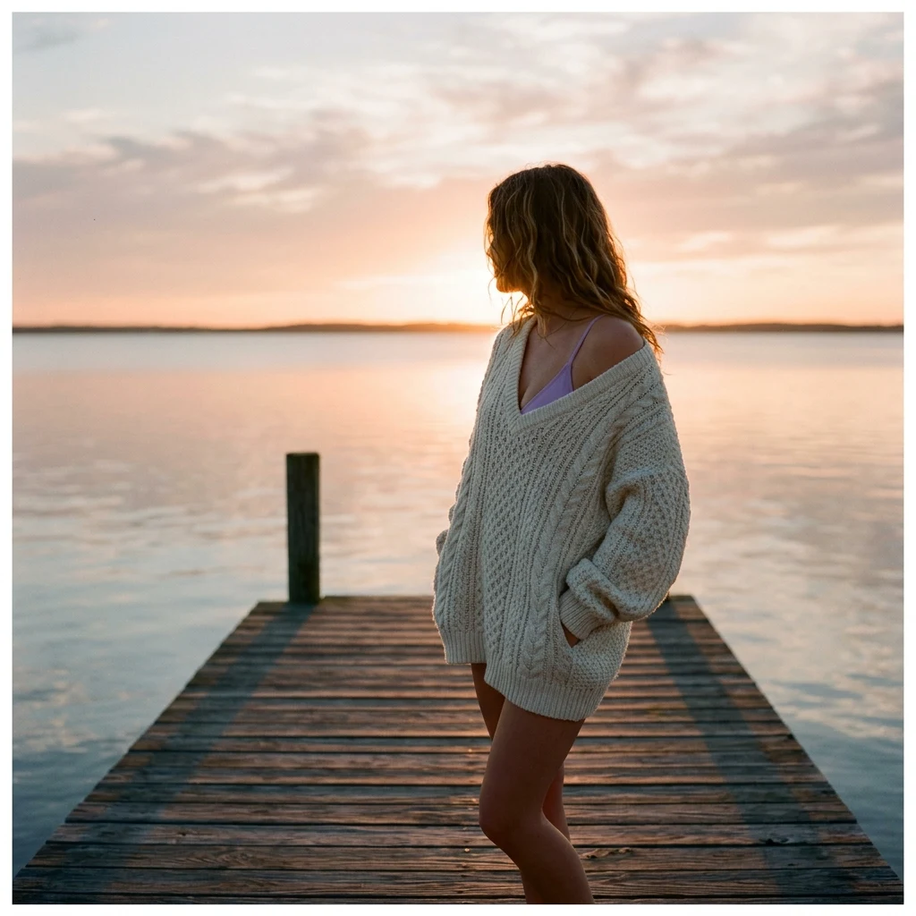 An 18-year-old girl in a minimal lilack string bikini wrapping a cozy oversized sweater…