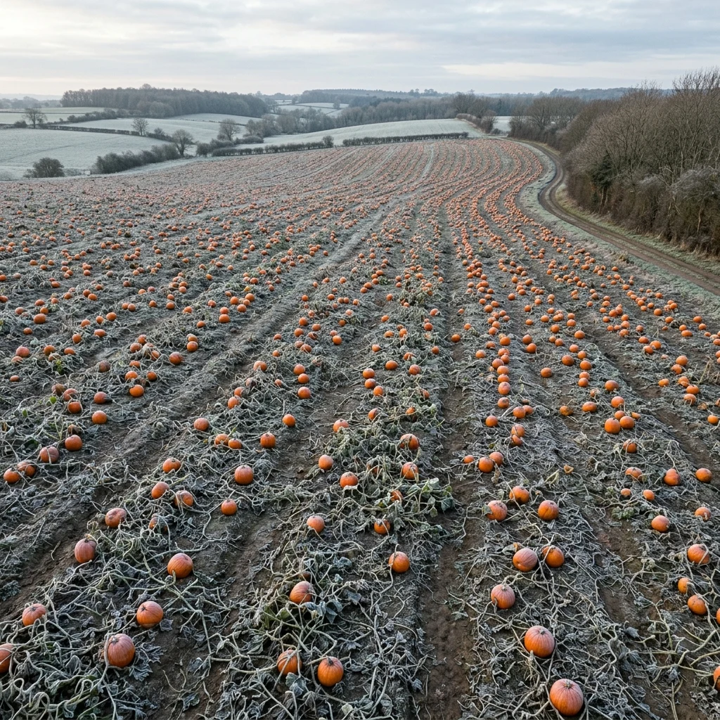 A pumpkin field after first frost photographed straight down from a drone