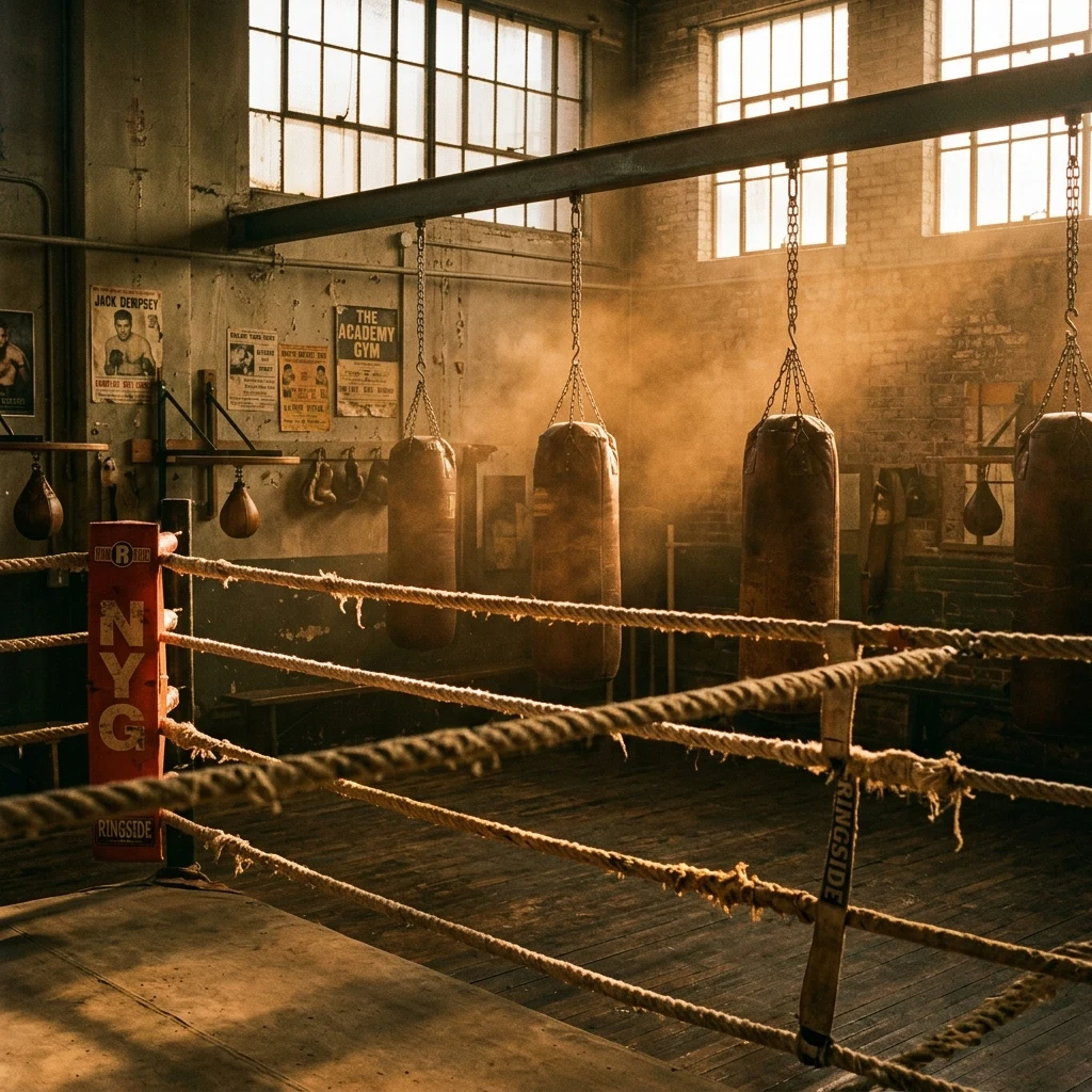 Golden light in a boxing gym