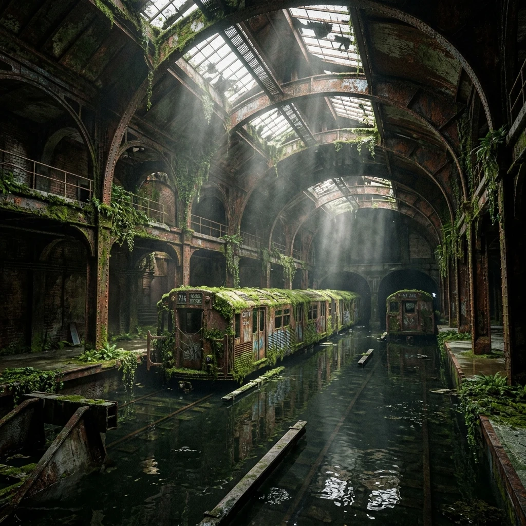 A massive subway terminal half-submerged in dark stagnant water