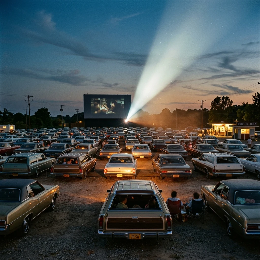 A drive-in movie theater in 1974 photographed from the back row