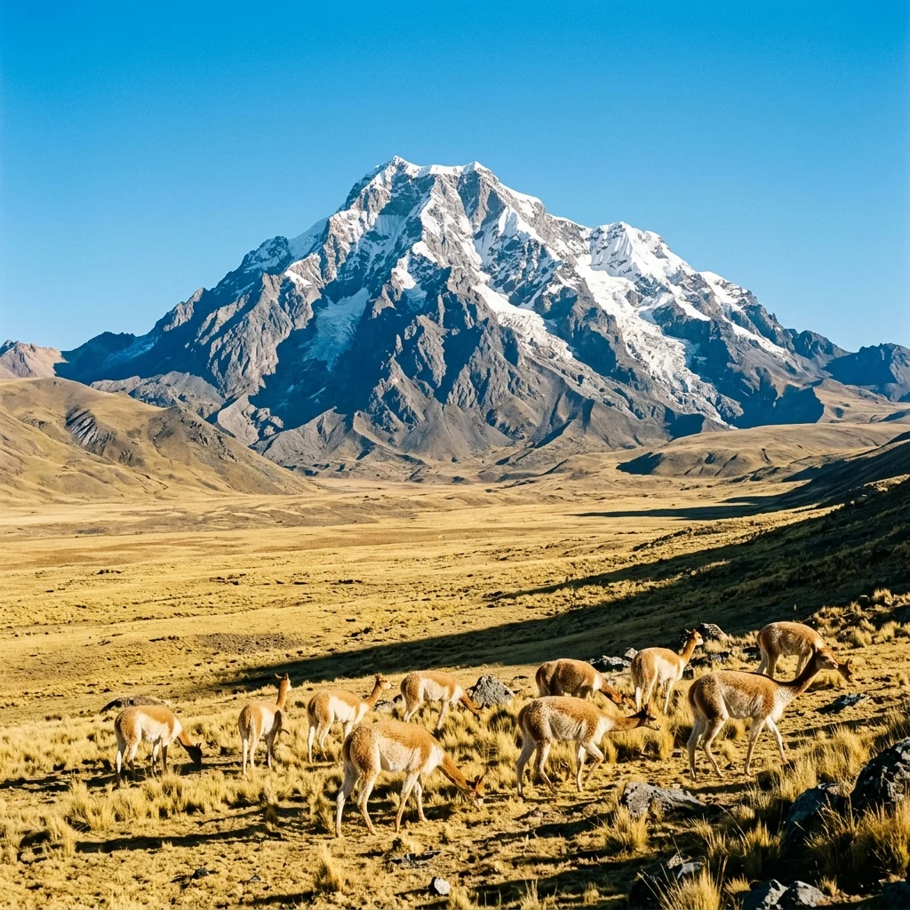 Wild vicuñas grazing near a snowy volcano