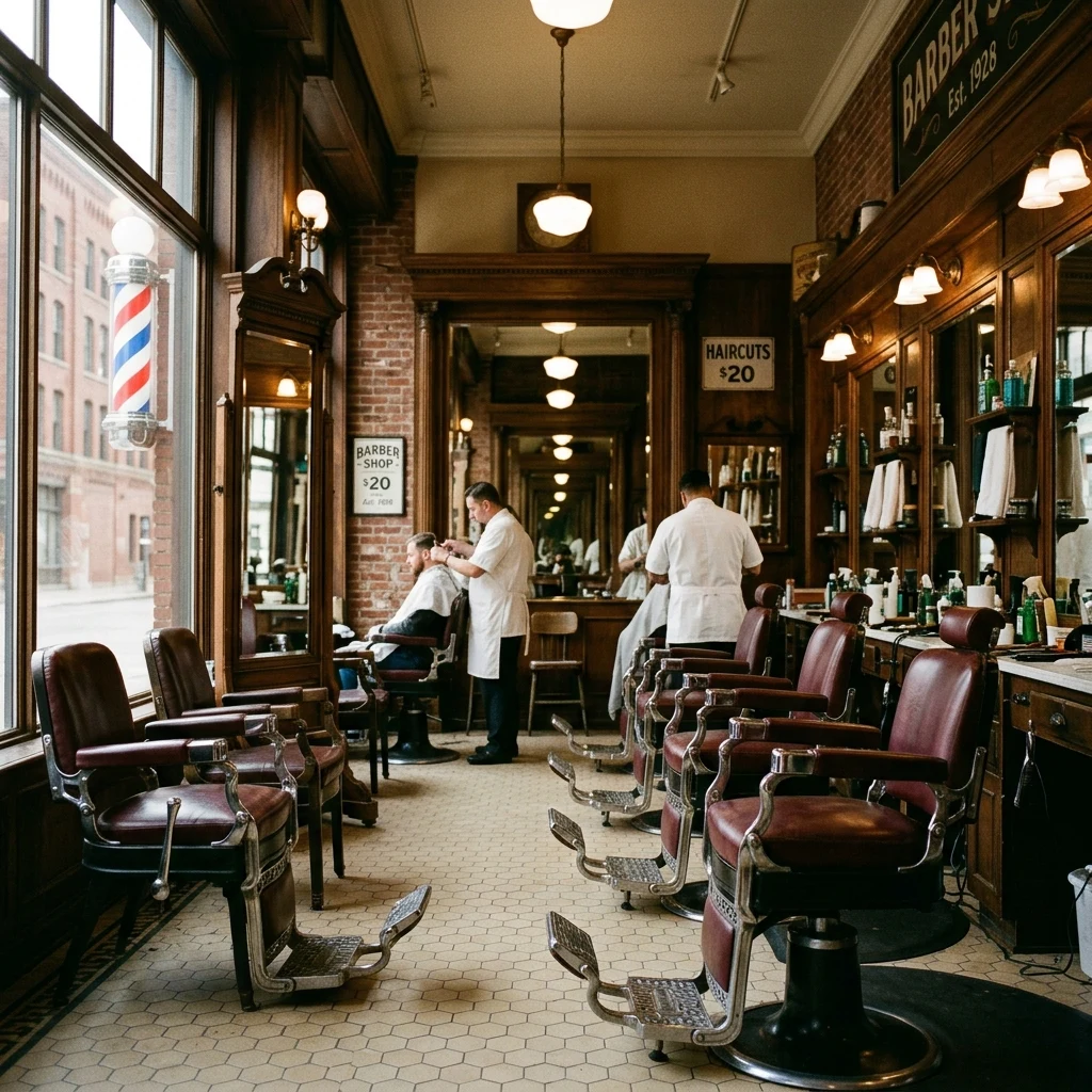 A vintage barbershop interior shot on Portra 800