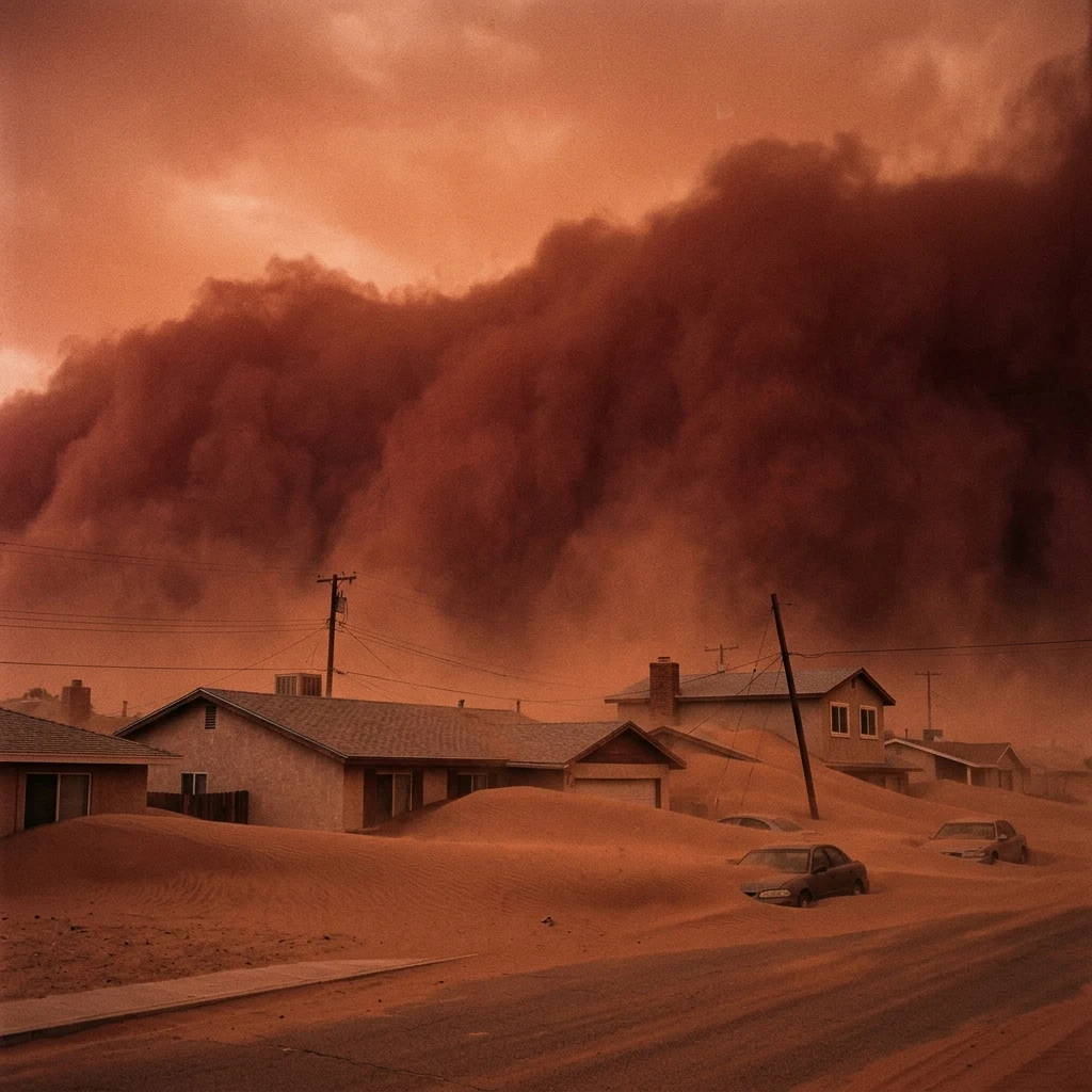 A howling haboob dust storm enveloping a former suburban neighborhood