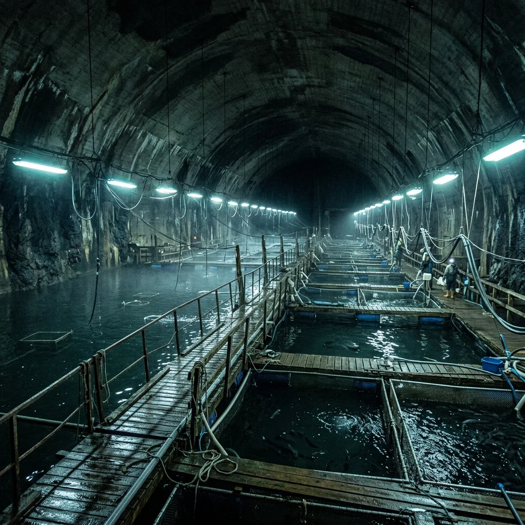 Industrial fish farm in a dark cistern