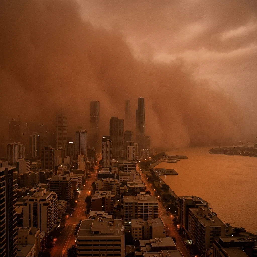 Red dust from the outback blowing over a coastal Australian city