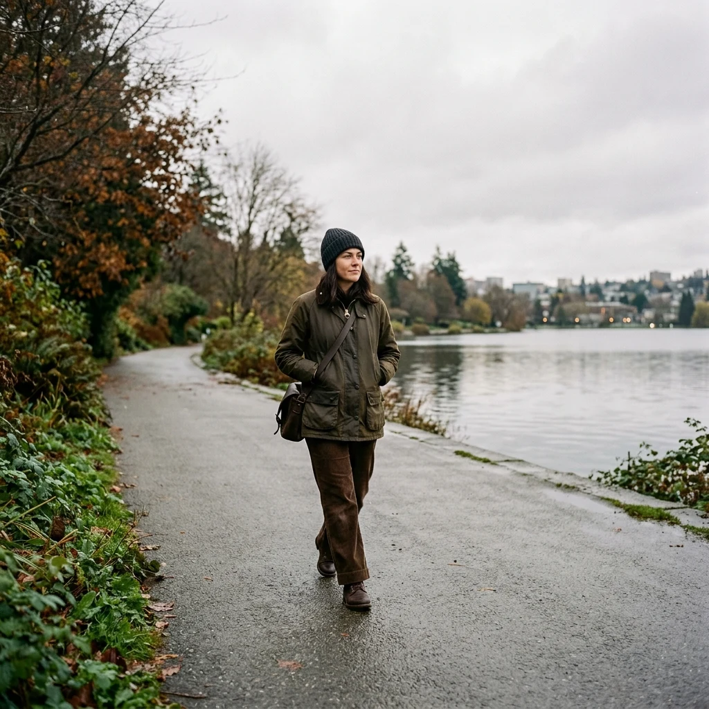 A woman in full workwear — barn coat